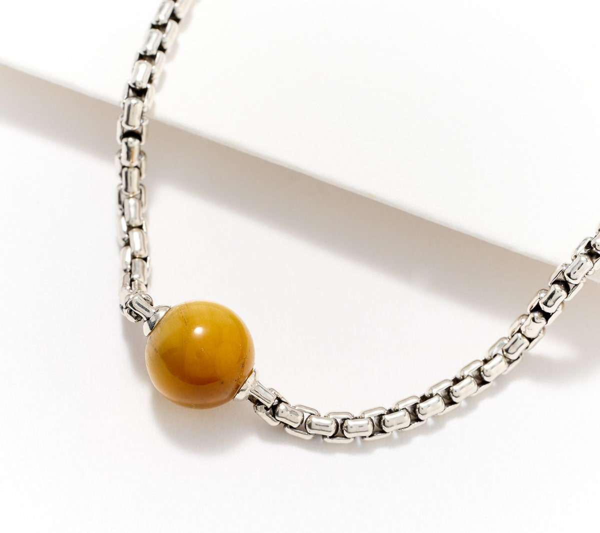 JAI Sterling Silver Gemstone Tiger Eye Bead 2.7mm Chain Necklace