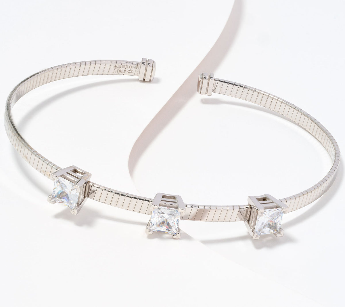 Diamonique Sterling Silver Italia Princess Cut Omega Flat Cuff Bangle, 7"