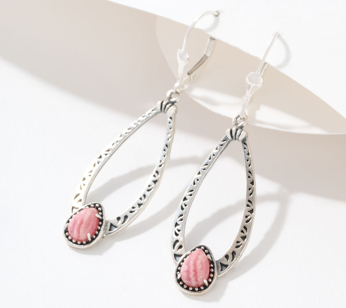 American West Sterling Silver Pear Rhodocrosite Leverback Earrings