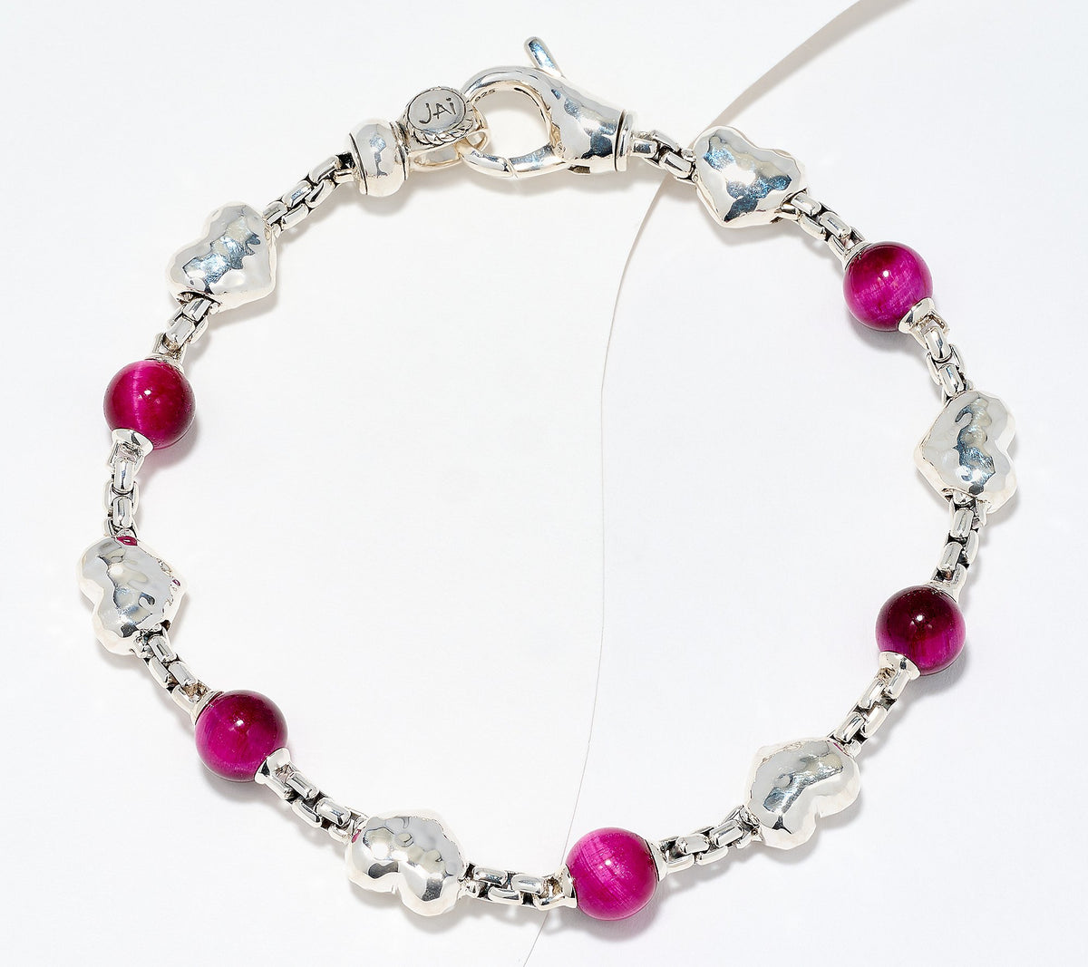 JAI Sterling Silver Symbols of Love 6mm Pink Tiger Eye Beaded Bracelet, 8"