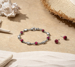 JAI Sterling Silver Symbols of Love 6mm Pink Tiger Eye Beaded Bracelet, 8"