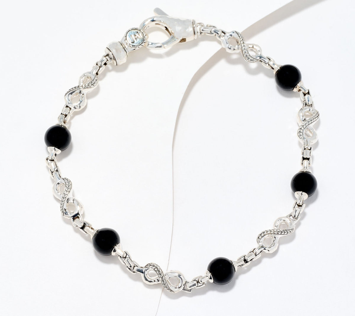 JAI Sterling Silver "Infinity" Black Onyx 6mm Beaded Bracelet, 7-1/4"