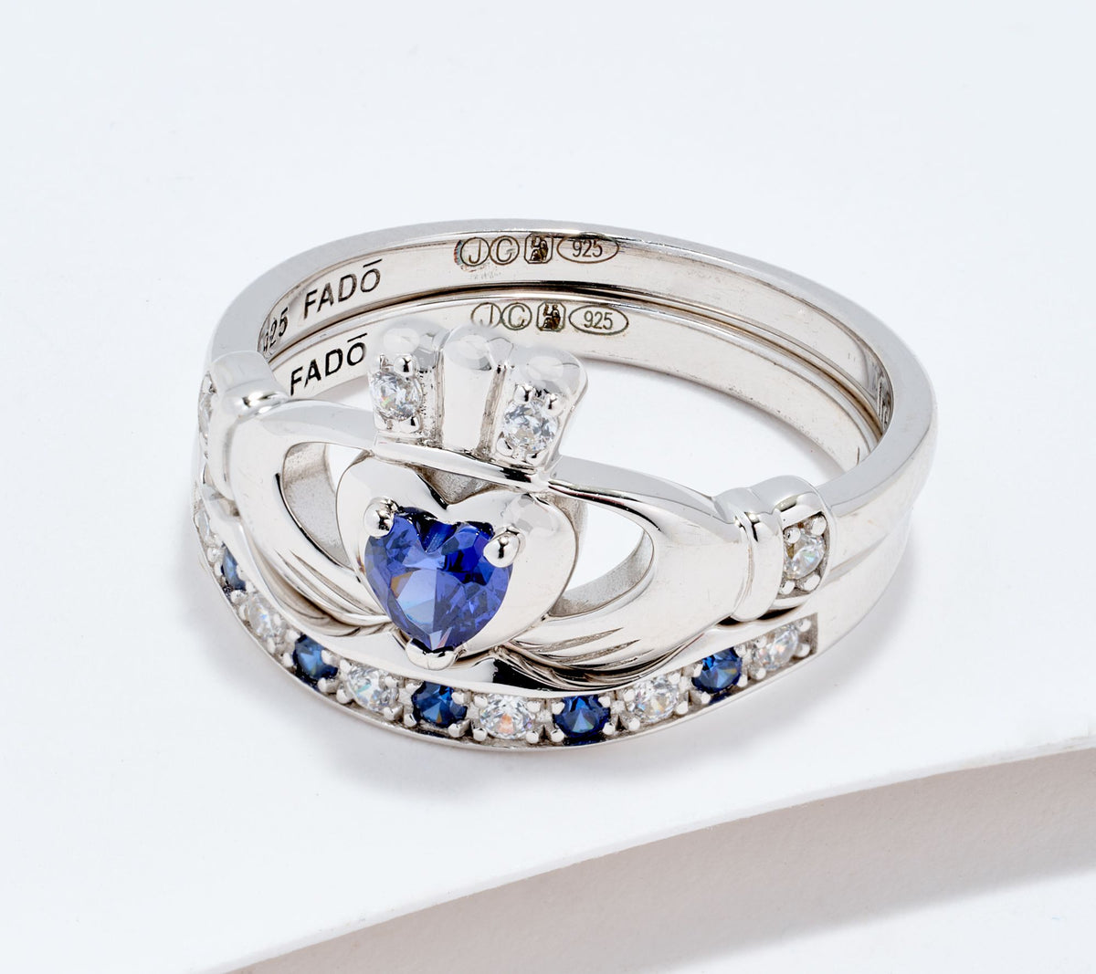 Fado Sterling Silver Claddagh Ring and Matching Band, Blue Size 7