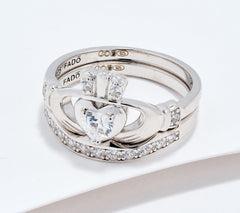 Fado Sterling Silver Clear Claddagh Ring and Matching Band Size 8