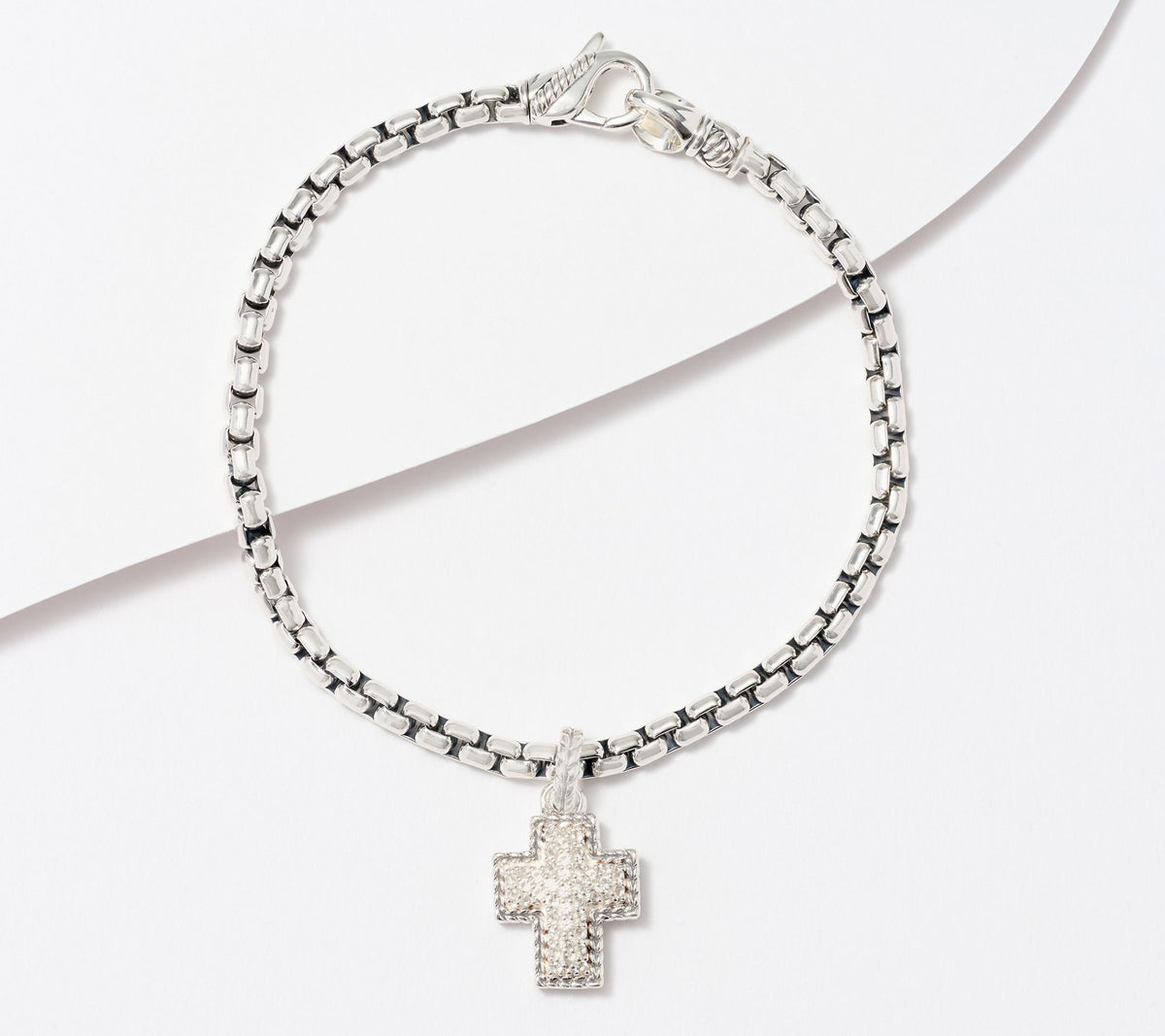 JAI Sterling Silver Box Chain Pave White Topaz Charm Bracelet, 6-1/4"