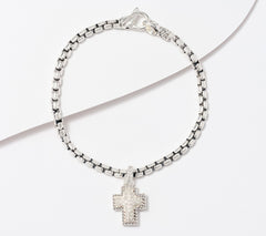 JAI Sterling Silver Box Chain Pave White Topaz Charm Bracelet, 6-1/4"