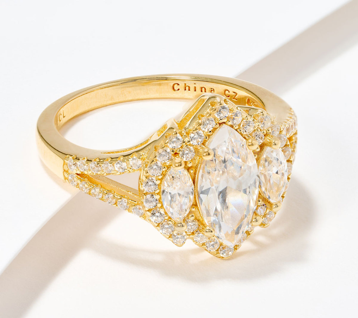 Diamonique Sterling Silver Goldclad 3-Stone Marquise Cut Bridal Ring, Size 6