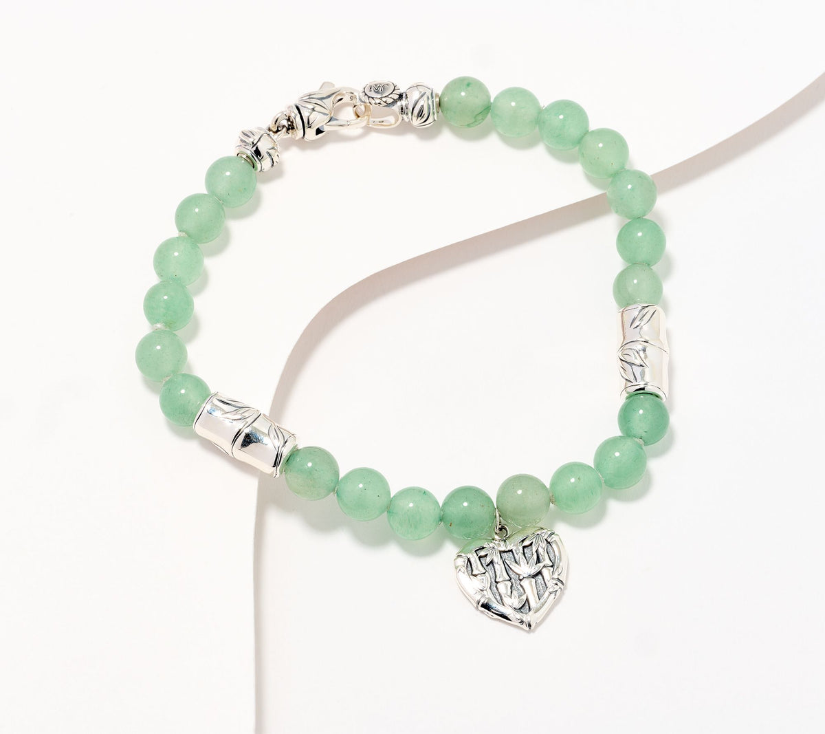 JAI Sterling Silver Heart Bamboo Figurative Gem Bead Bracelet, 6-1/4"