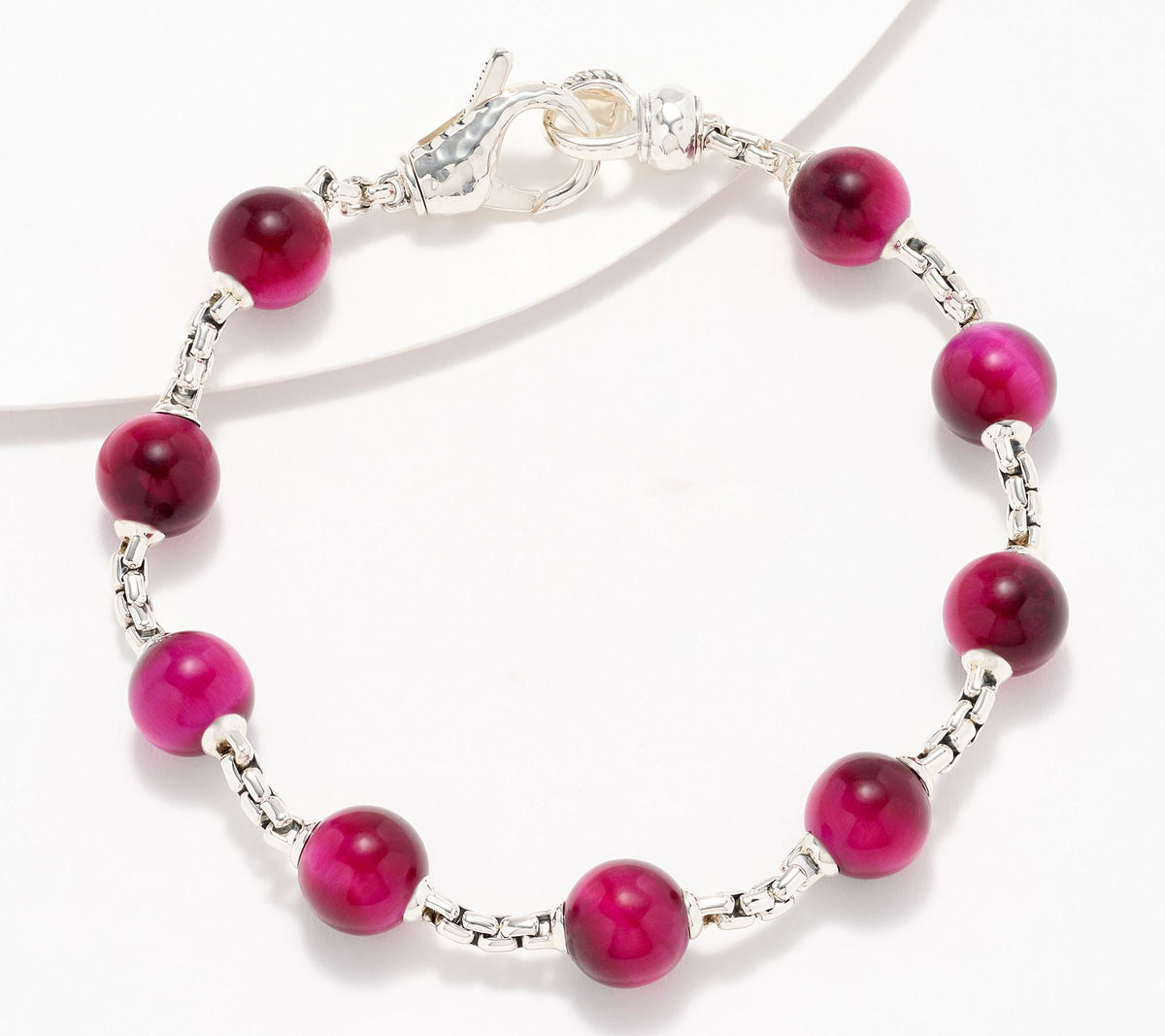 JAI Sterling Silver Pink Tiger's Eye Bead 2.7mm Box Chain Bracelet, 7-1/4" (6-1/4" Fit)