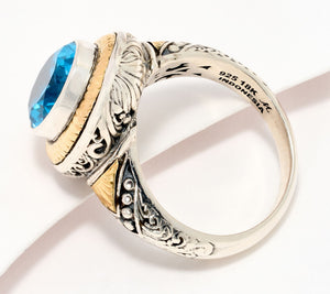 Artisan Crafted Sterling Silver & 18K Fancey Oval Blue Topaz Ring, Size 8