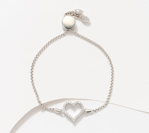 Fire Light Sterling Silver Lab Grown Diamond Heart Bolo Adjustable Bracelet,