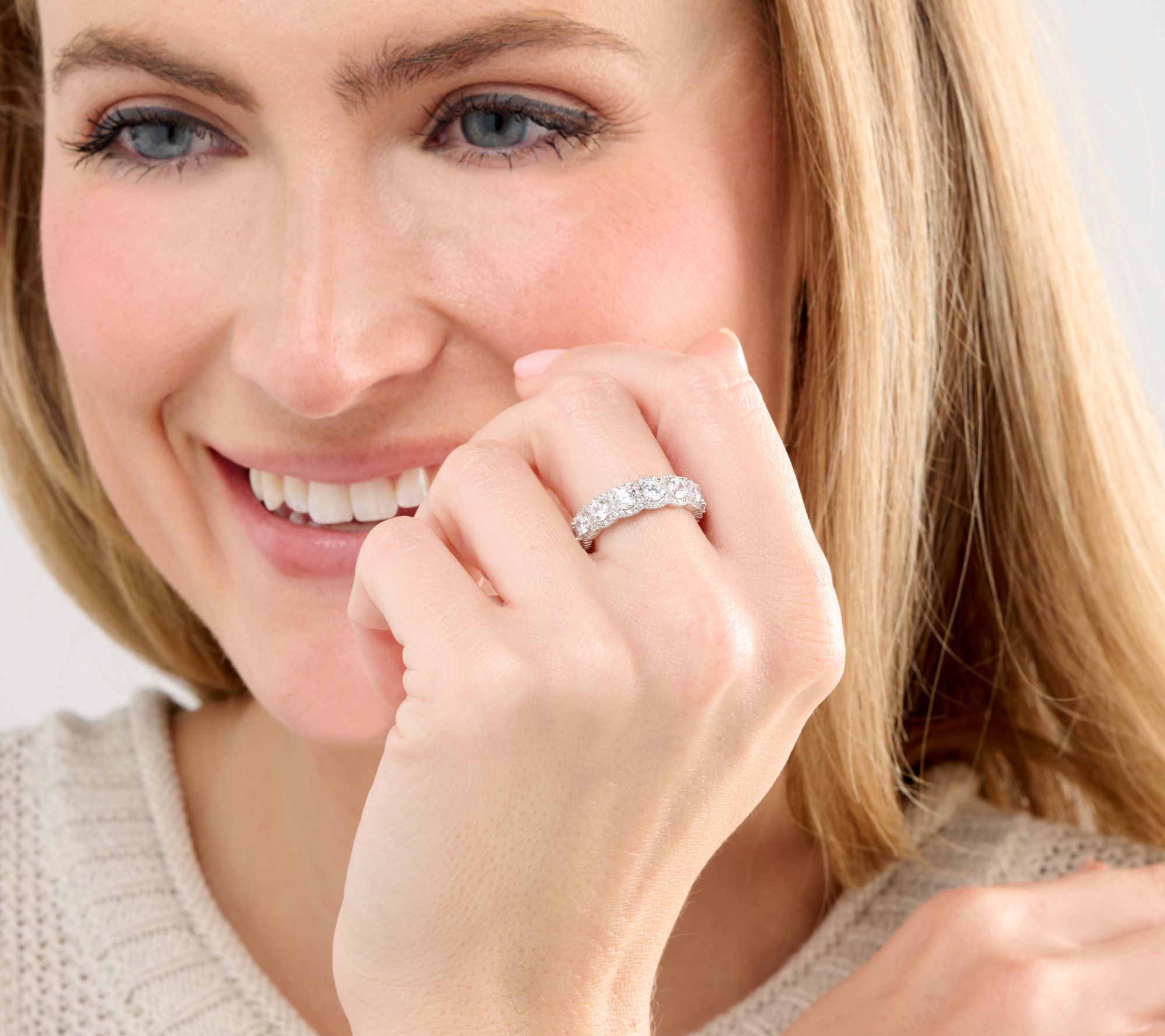 Diamonique Sterling Silver Eternity Round Cut Halo Band Ring, Size 5