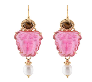 Tagliamonte Sterling Silver 18K Gold Plated  Venetian Cameo Pink Medusa Earrings