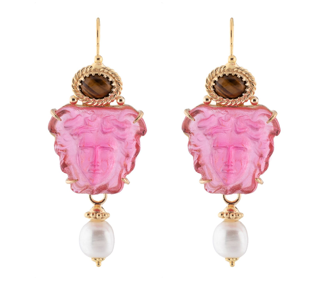 Tagliamonte Sterling Silver 18K Gold Plated  Venetian Cameo Pink Medusa Earrings