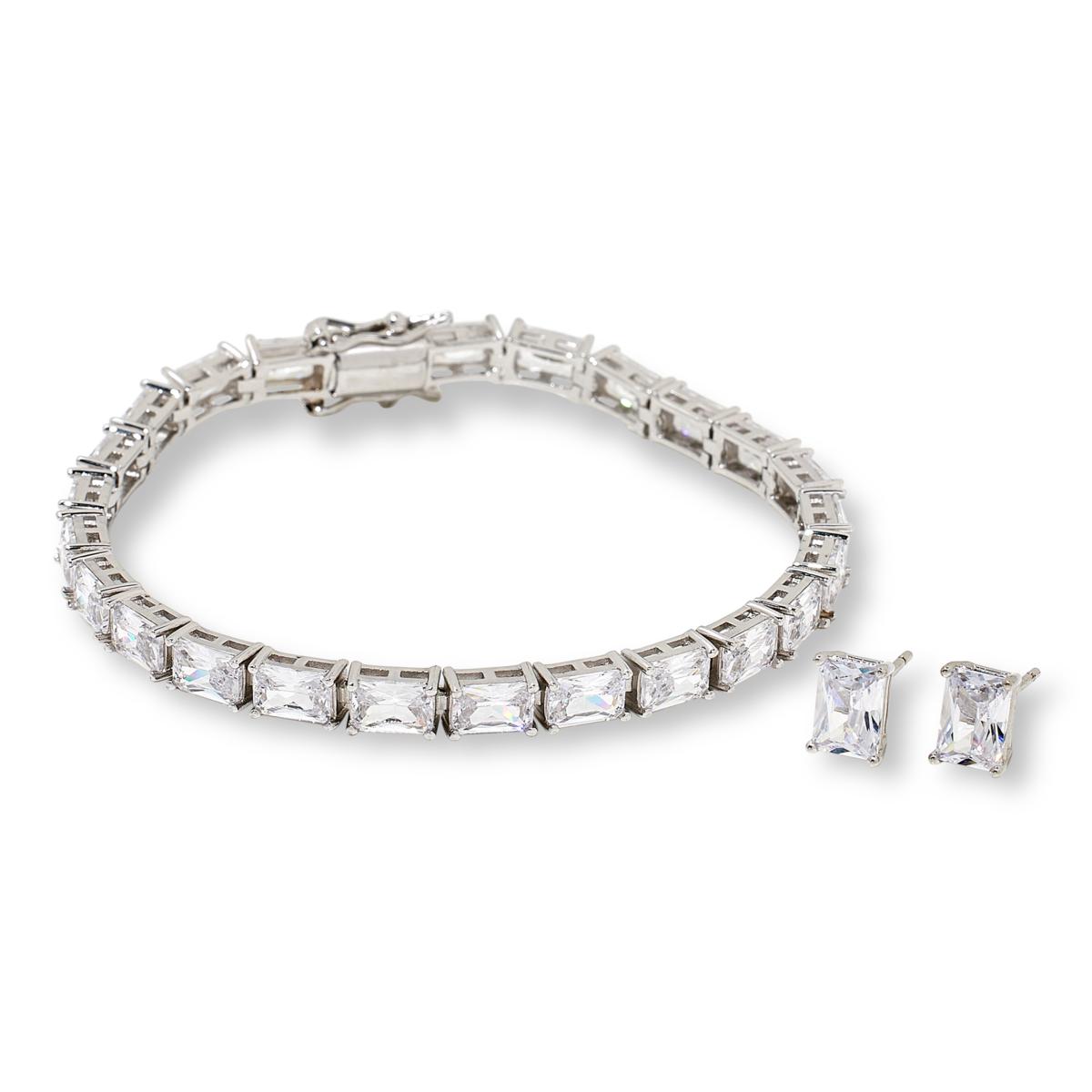 Absolute Sterling Silver Emerald Cut Earrings & Tennis Bracelet Set, 8"
