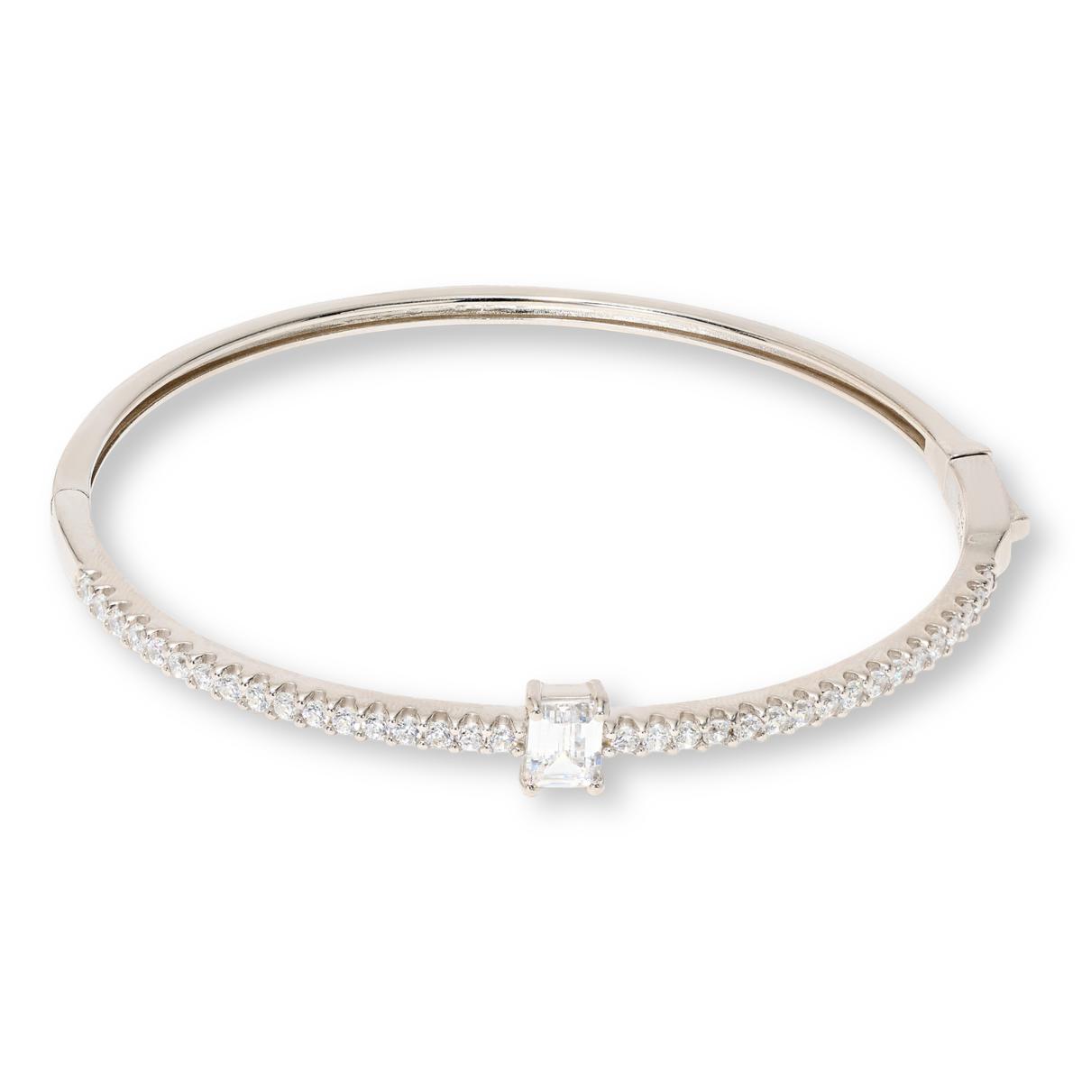 Absolute Sterling Silver Emerald Cut Solitaire Hinged Bangle Bracelet, 6-3/4"