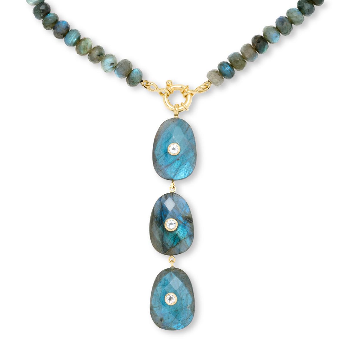 Rarities Gold-Plated Natural Labradorite & White Zircon Drop Necklace, 24"