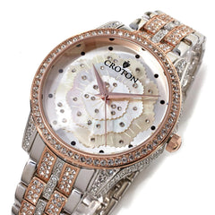 Croton 2-Tone Rose & Silver Mother-Of-Pearl Floral Dial Bracelet Watch Hsn $189