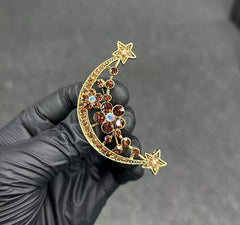 Kirks Folly Goldtone Brown Crystal Moon Pin 2-1/2" X 1"