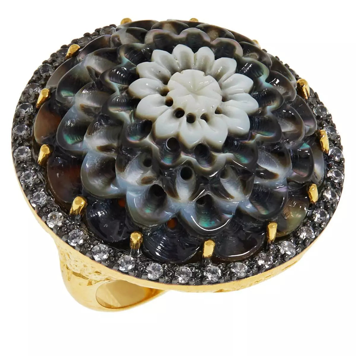 Rarities Sterling Silver Goldclad Black Mother-of-Pearl & White Zircon Carved Flower Ring, Size 5