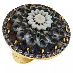 Rarities Sterling Silver Goldclad Black Mother-of-Pearl & White Zircon Carved Flower Ring, Size 5