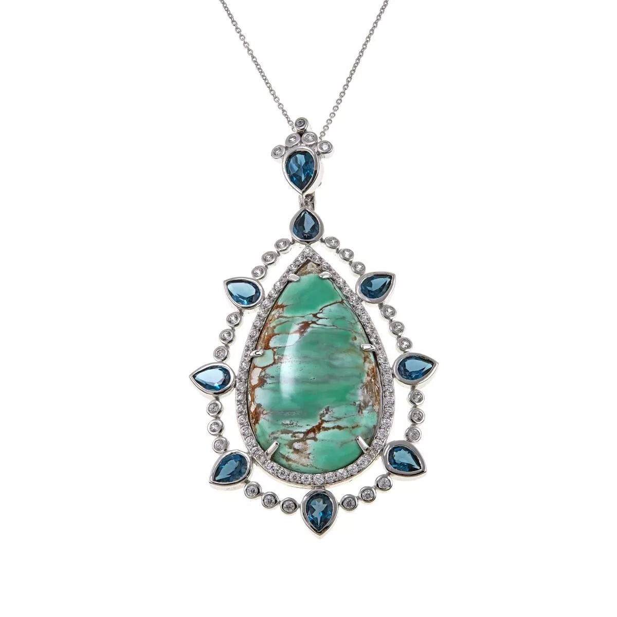 Rarities Sterling Silver Pear-cut Variscite & London Blue Topaz Accents Pendant, 2-1/2"