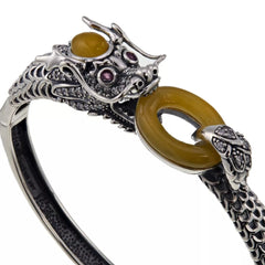 Jade of Yesteryear Sterling Silver Yellow Jade, Ruby and CZ Dragon Bracelet, 7"