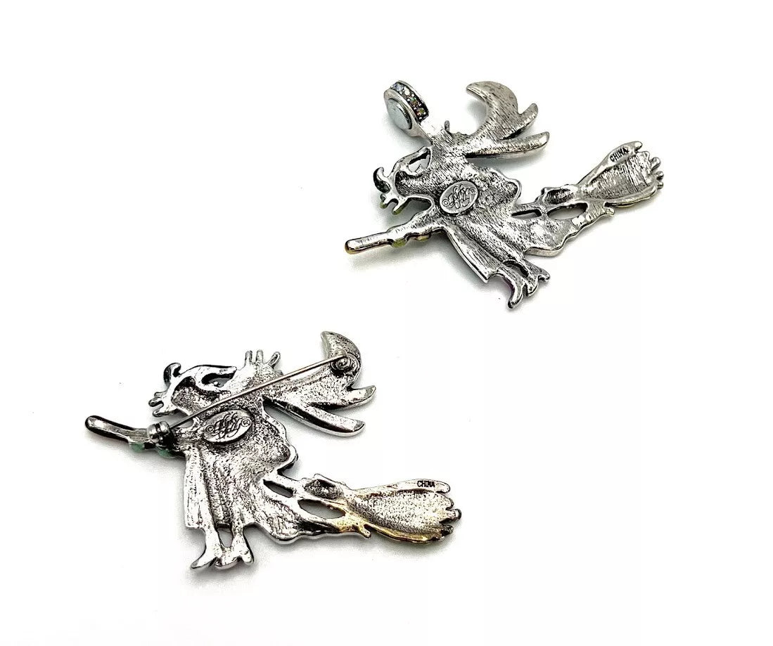 Kirks Folly Silvertone Witch on Broom Aurora Borealis Crystal Pin & Pendant, 2-1/2" X 2"