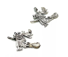Kirks Folly Silvertone Witch on Broom Aurora Borealis Crystal Pin & Pendant, 2-1/2" X 2"
