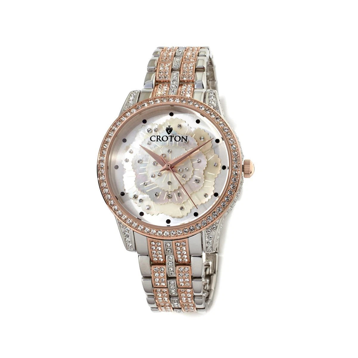 Croton 2-Tone Rose & Silver Mother-Of-Pearl Floral Dial Bracelet Watch Hsn $189