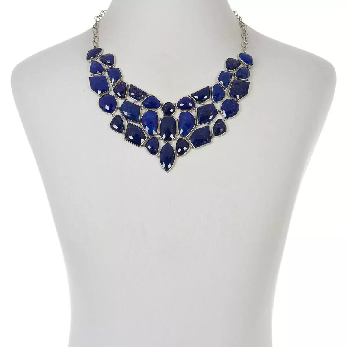 Rarities Sterling Silver Platinum-Plated Natural Lapis Bib Necklace 18"