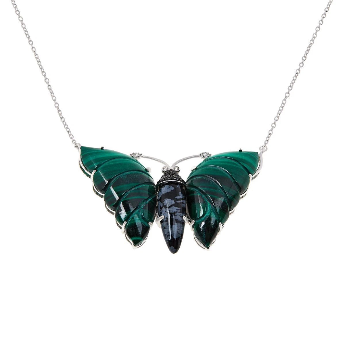 Colleen Lopez Sterling Silver Carved Malachite Butterfly Necklace 18"