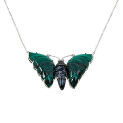 Colleen Lopez Sterling Silver Carved Malachite Butterfly Necklace 18"
