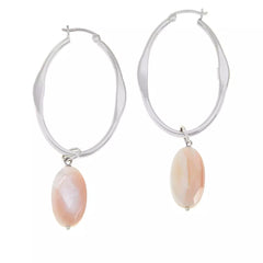 Elle Sterling Silver Oval Hoop & Pink Shell Drop Earrings. 2-1/2"