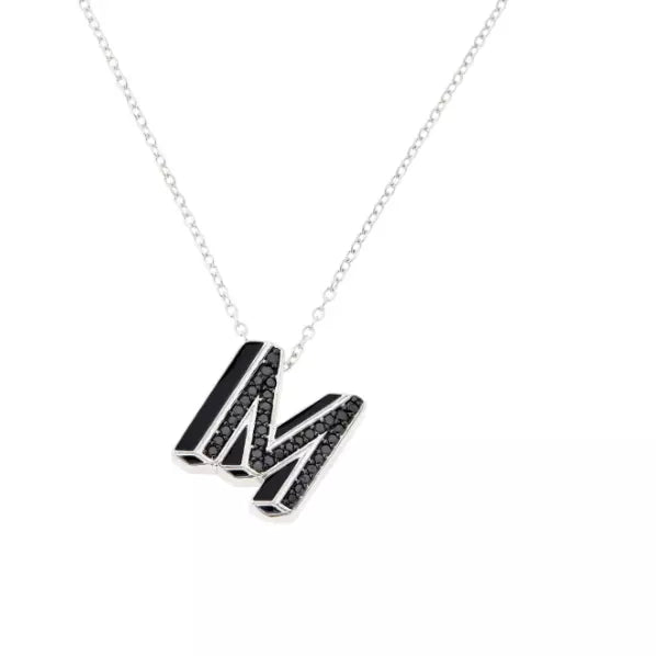 Colleen Lopez Sterling Silver Black Diamond "M" Initial Pendant with Chain. 16"