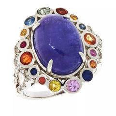 Colleen Lopez Sterling Silver Oval Tanzanite, Multi-Sapphire & Ruby Ring. Size 7
