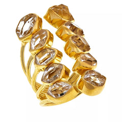 Herkimer Mines Sterling Silver Goldclad "Diamond" Quartz 10-Stone Cuff-Style Yellow Ring. Size 6