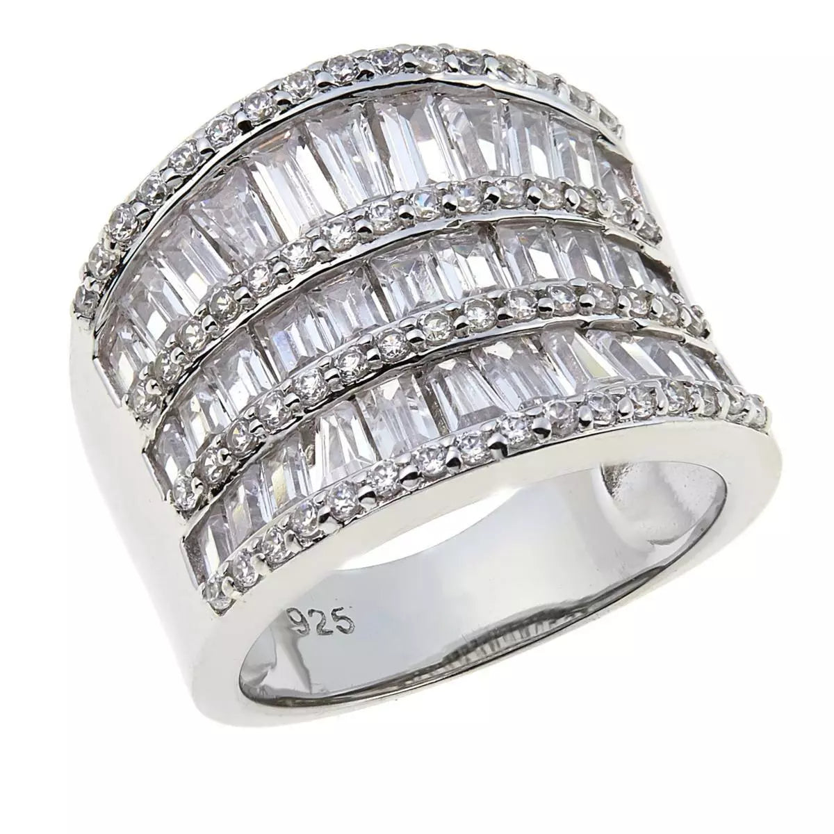 Absolute Sterling Silver Cz Baguette & Round Multi-Row Saddle Ring, Size 6
