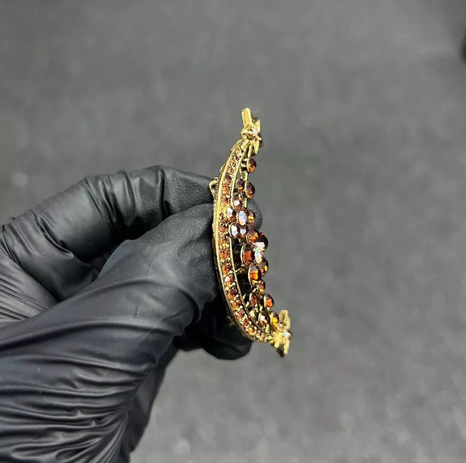 Kirks Folly Goldtone Brown Crystal Moon Pin 2-1/2" X 1"