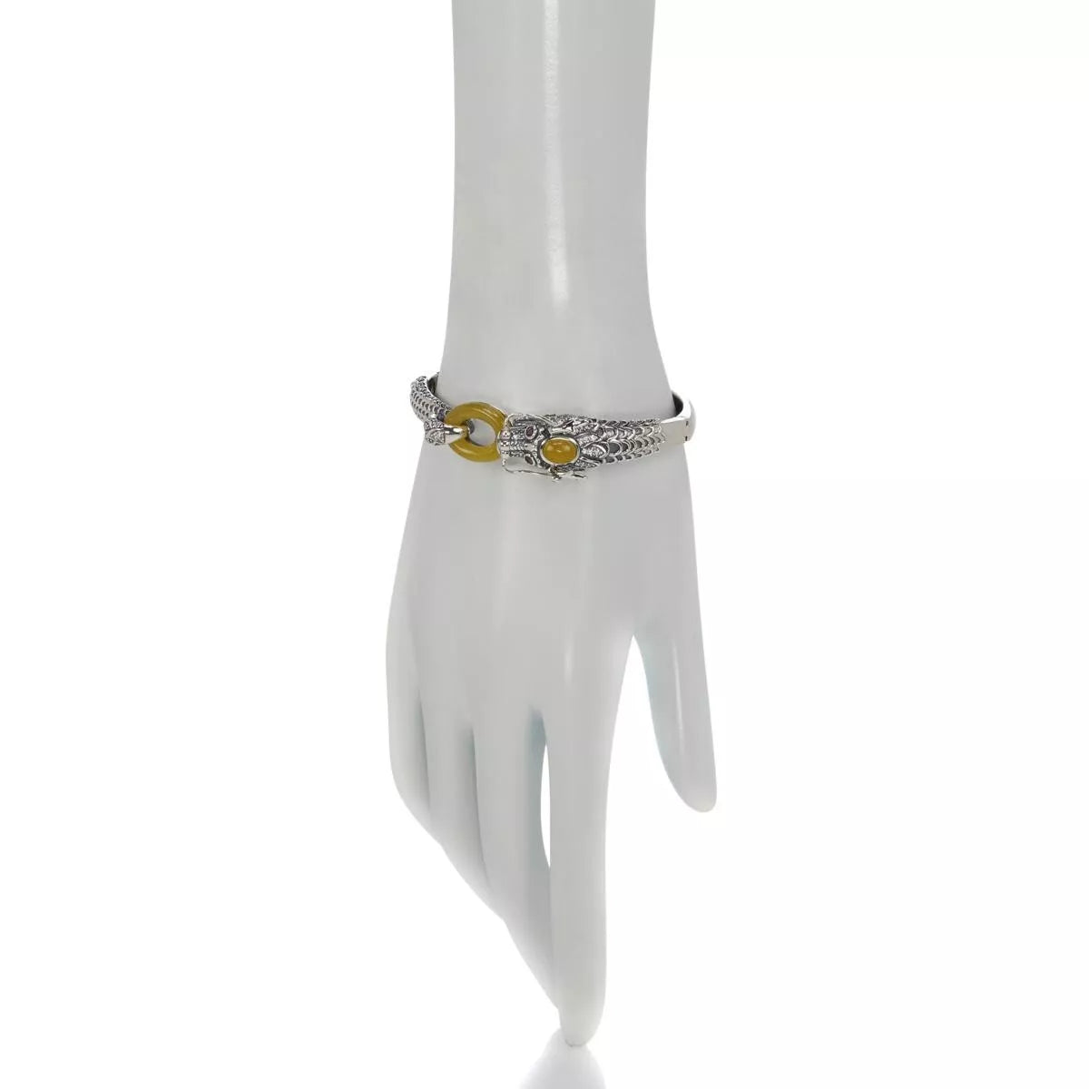 Jade of Yesteryear Sterling Silver Yellow Jade, Ruby and CZ Dragon Bracelet, 7"