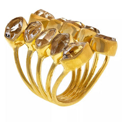 Herkimer Mines Sterling Silver Goldclad "Diamond" Quartz 10-Stone Cuff-Style Yellow Ring. Size 6