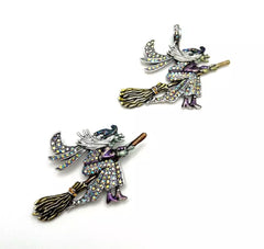 Kirks Folly Silvertone Witch on Broom Aurora Borealis Crystal Pin & Pendant, 2-1/2" X 2"