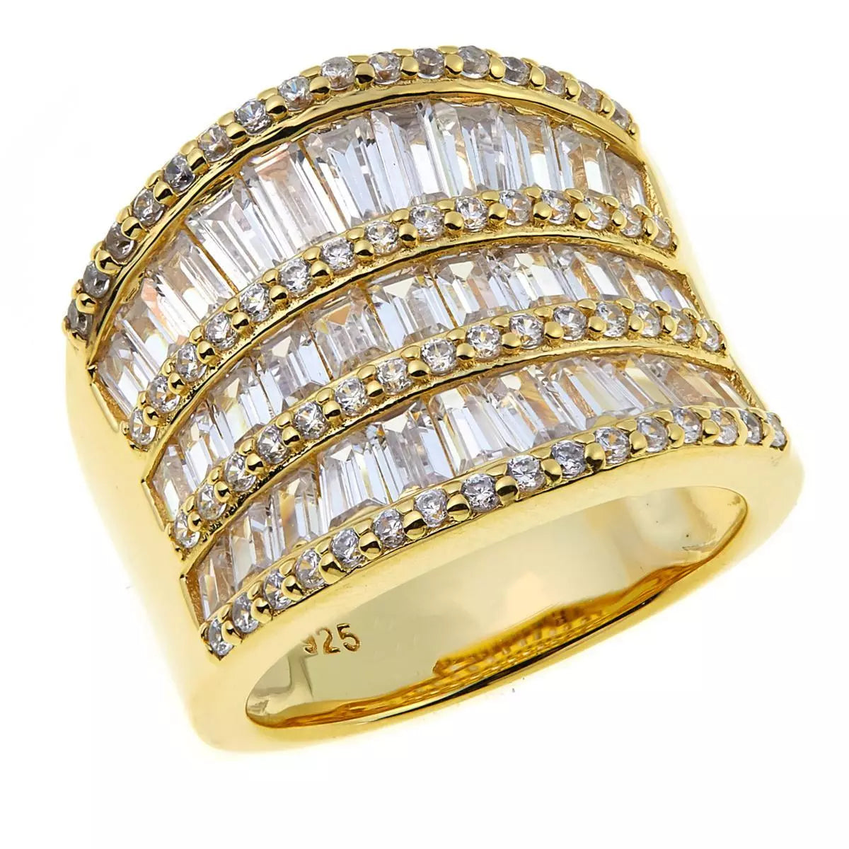 Absolute Sterling Silver Goldclad Cz Baguette & Round Multi-Row Saddle Ring, Size 7