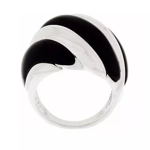 QVC Sterling Silver Polished & Black Onyx Waved Dome Band Ring, Size 10