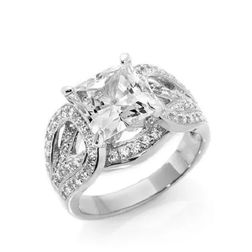 Absolute Sterling Silver Princess Solitaire Pave Wide Band Ring, Size 9