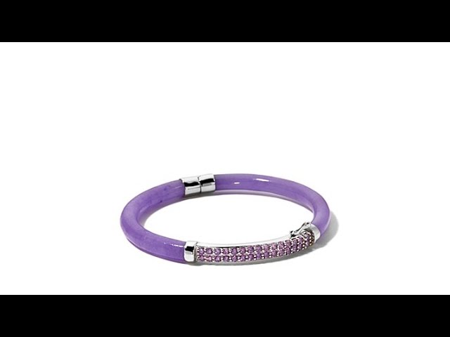 Jade of Yesteryear Jade & CZ Sterling Silver Hinged Bangle Bracelet, 6 1-/2"