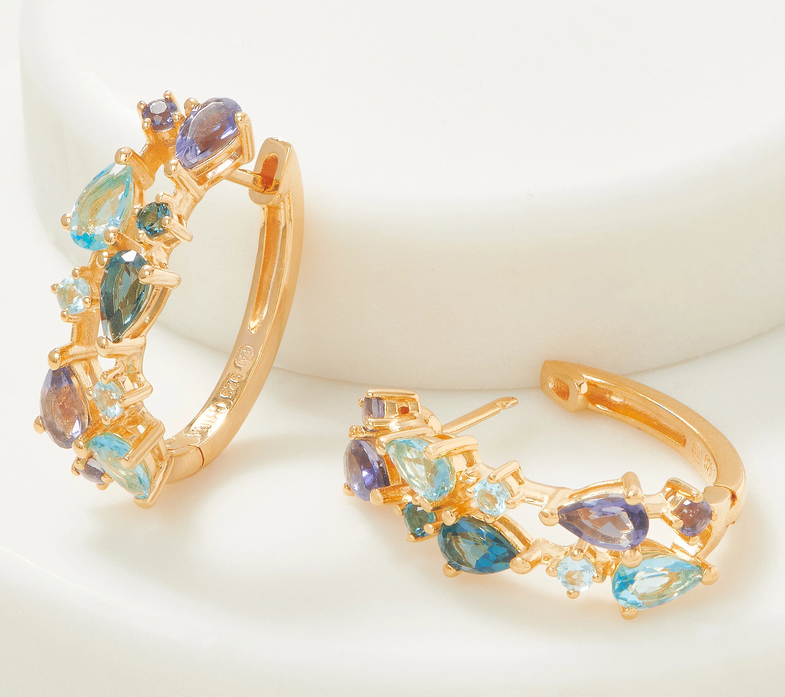 Affinity Blue Topaz Mixed Cut Gems 14k Gold Plated Sterling Silver Hoop Earrings | Jewelry & Watches:Fine Jewelry:Earrings