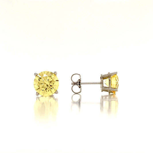 14K White 4 Prong Round Canary Simulated Diamond Set in Classic Gold Basket Earring Mountings | Earrings