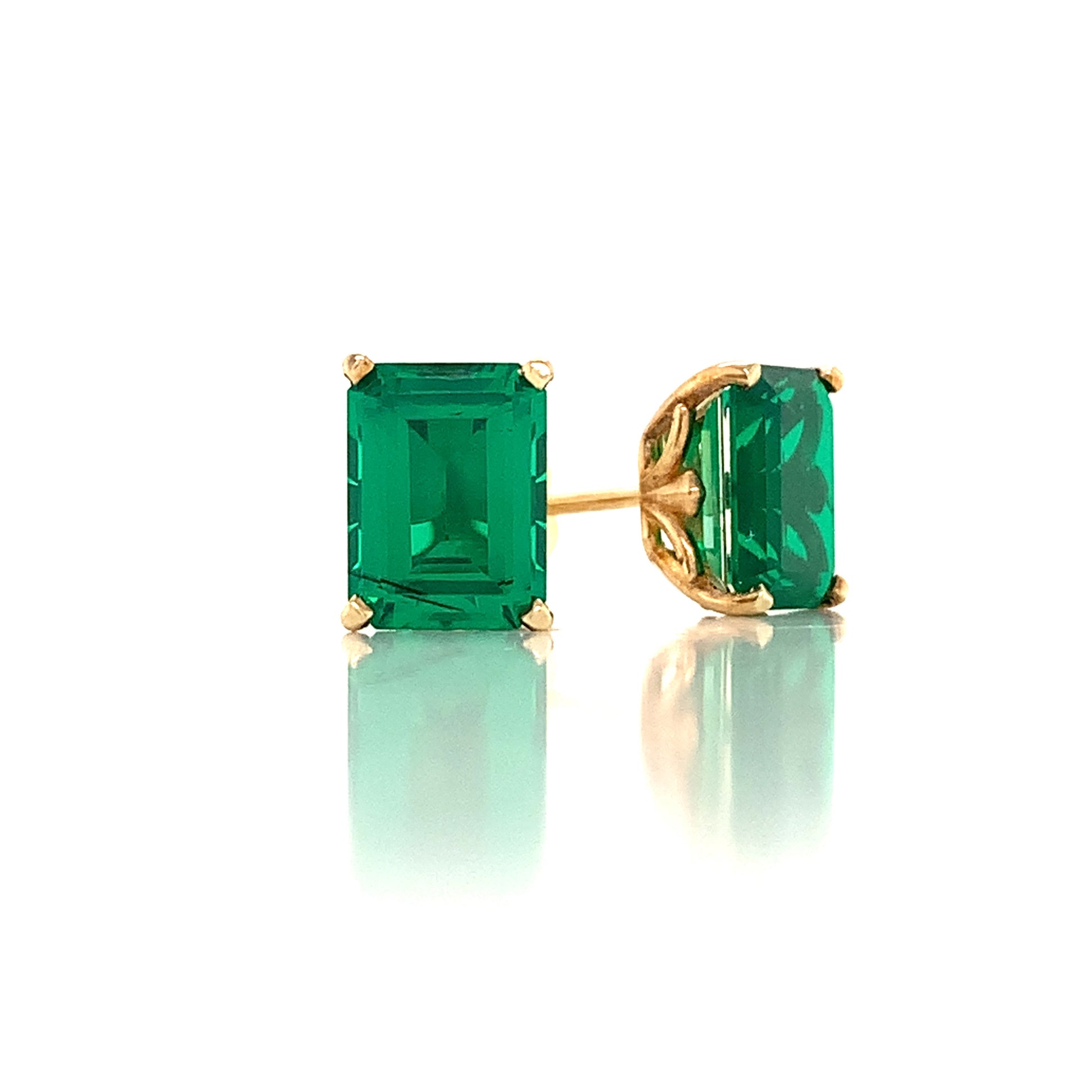 14K Yellow Emerald Cut Lab Grown Emerald Doublet Set in Fancy Gold Earring Mountings | Earrings