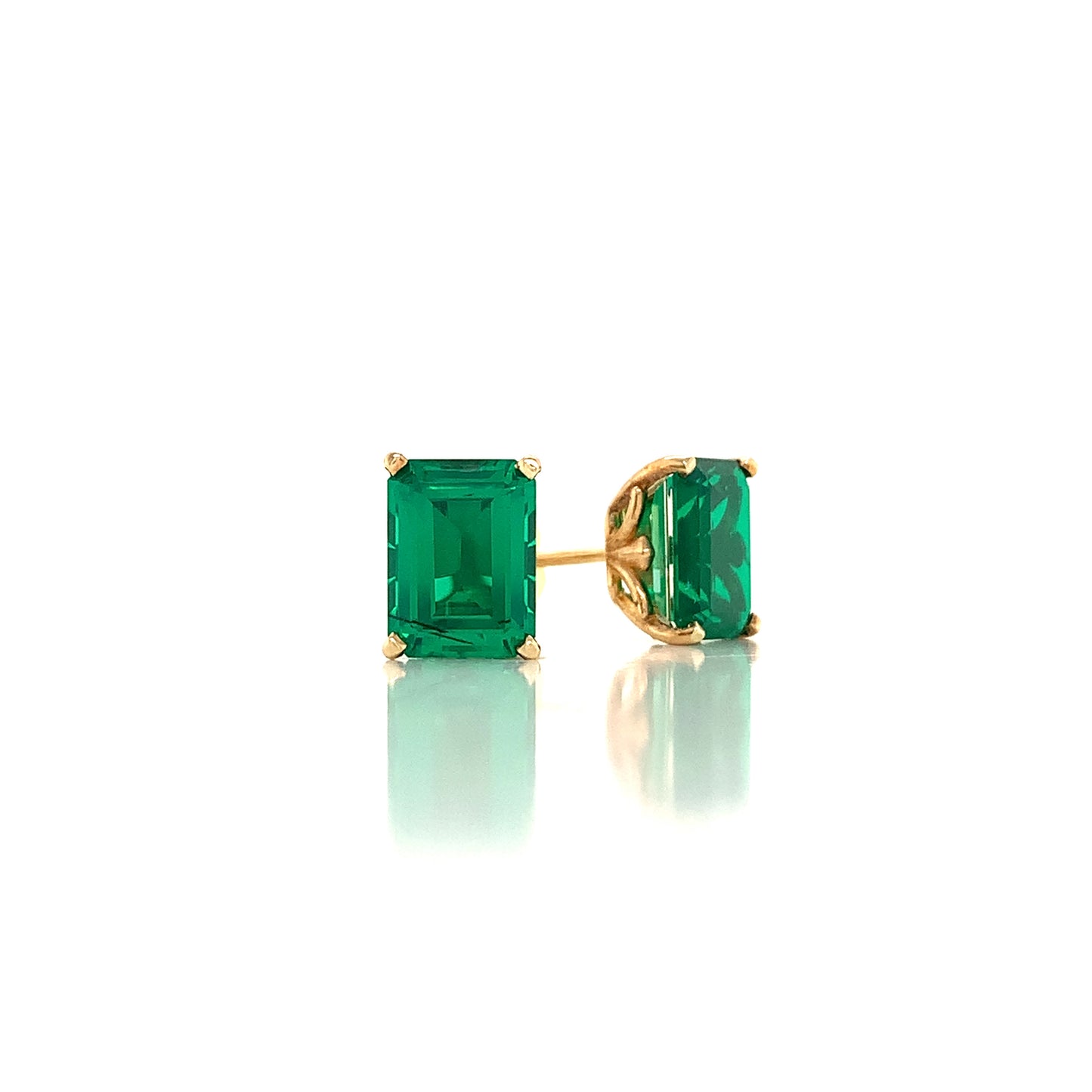 14K Yellow Emerald Cut Lab Grown Emerald Doublet Set in Fancy Gold Earring Mountings | Earrings